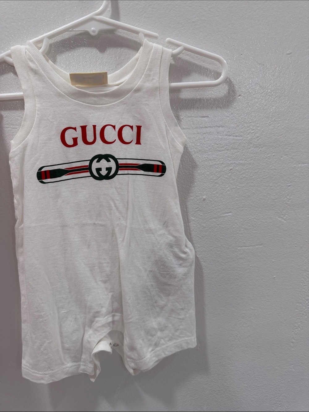 Gucci White Kids Tank Romper with Red Logo and Green Stripe
